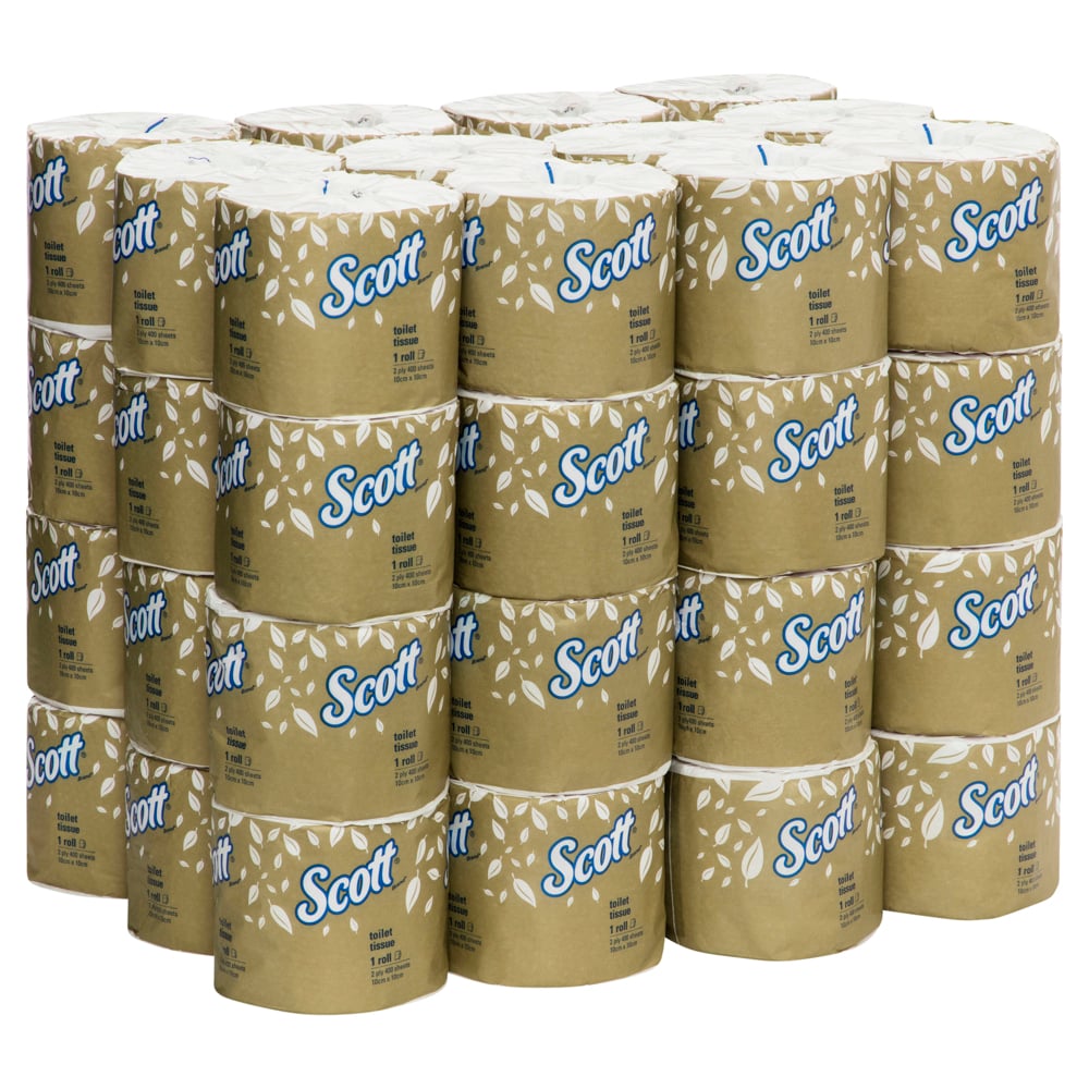 Multiple rolls of Scott toilet paper stacked on a white background