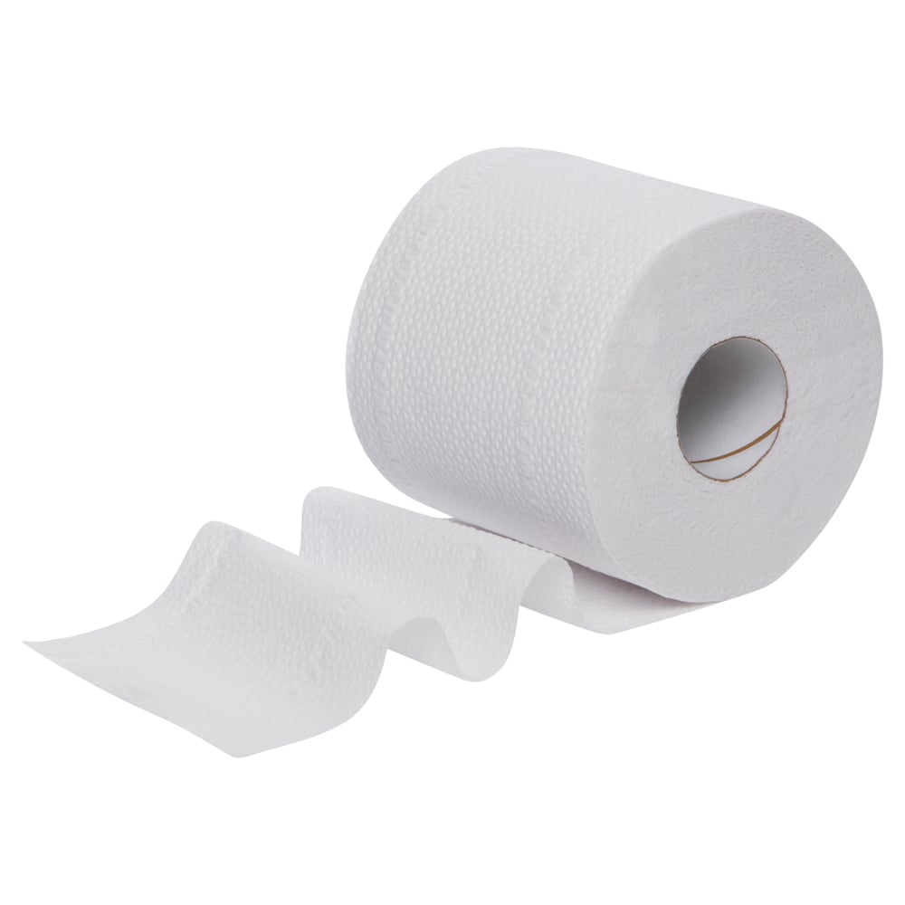 Roll of white toilet paper on a white background