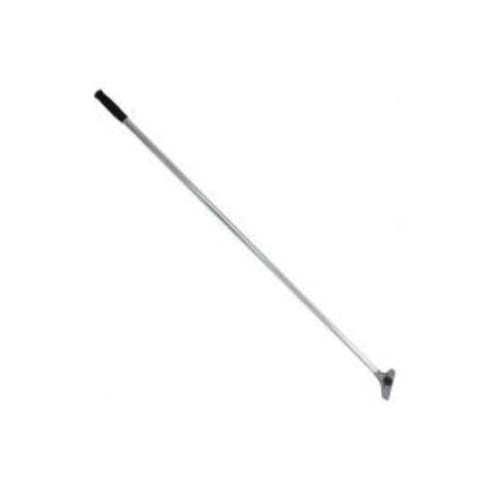 Long metal Scraper with a black handle on a white background