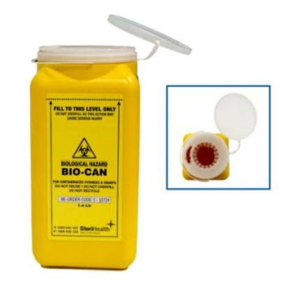 Yellow biohazard waste container with a close-up inset showing the lid.