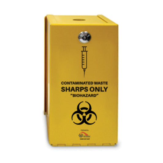 Yellow sharps disposal container with biohazard symbols on a white background