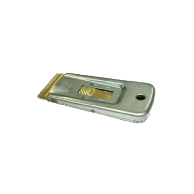 Small scraper blade device with a metallic finish on a white background