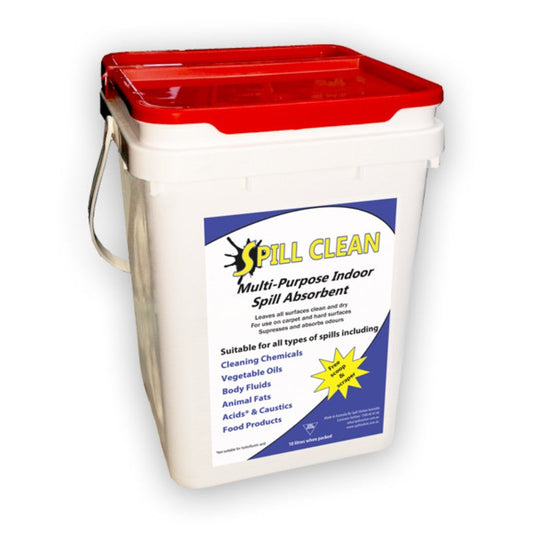 Spill Clean multi-purpose indoor spill absorbent container with red lid on a white background