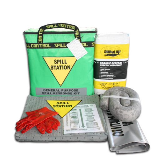 Spill response kit with green bag, gloves, absorbent pads, and a canister on a white background.
