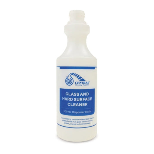 Bottle of glass and hard surface cleaner with Central Cleaning Supplies label on a white background