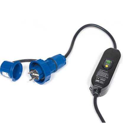 Electrical plug and socket with black cable on a white background