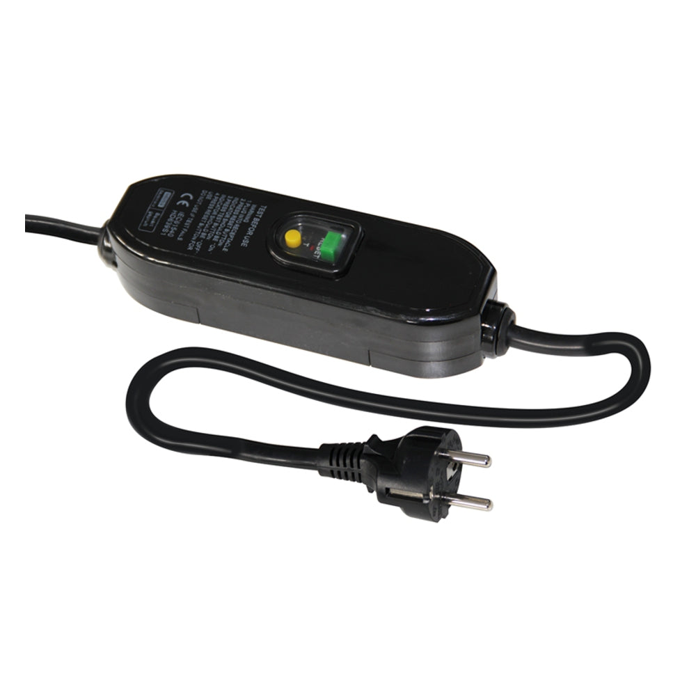 Black power adapter with plug on a white background