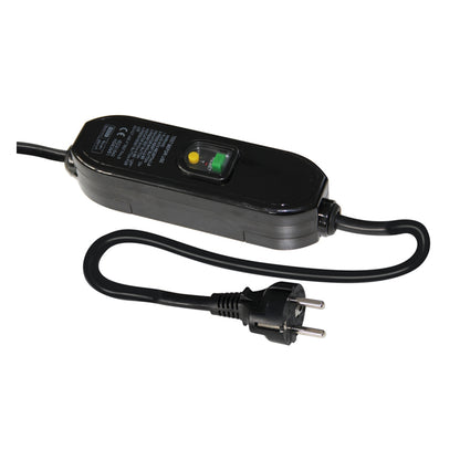 Black power adapter with plug on a white background