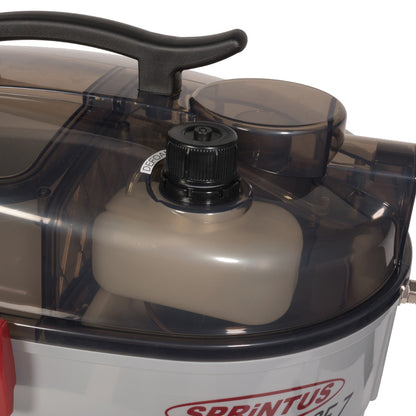 Close-up of a Sprintus tank with a clear lid and black handle on a white background.