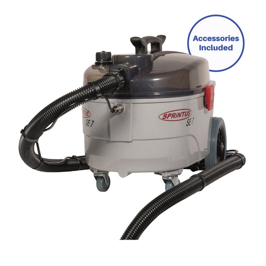Sprintus SE7 vacuum cleaner with accessories on a white background