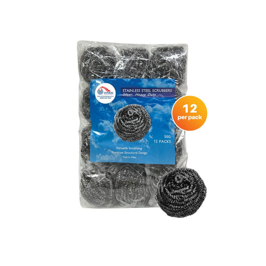 Pack of stainless steel scrubbers with a Central Cleaning Supplies brand label on a white background