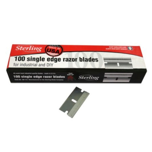 Box of Sterling single edge razor blades with a single blade displayed in front on a white background.