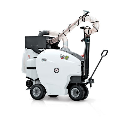 White outdoor cleaning machine with a long hose on a white background