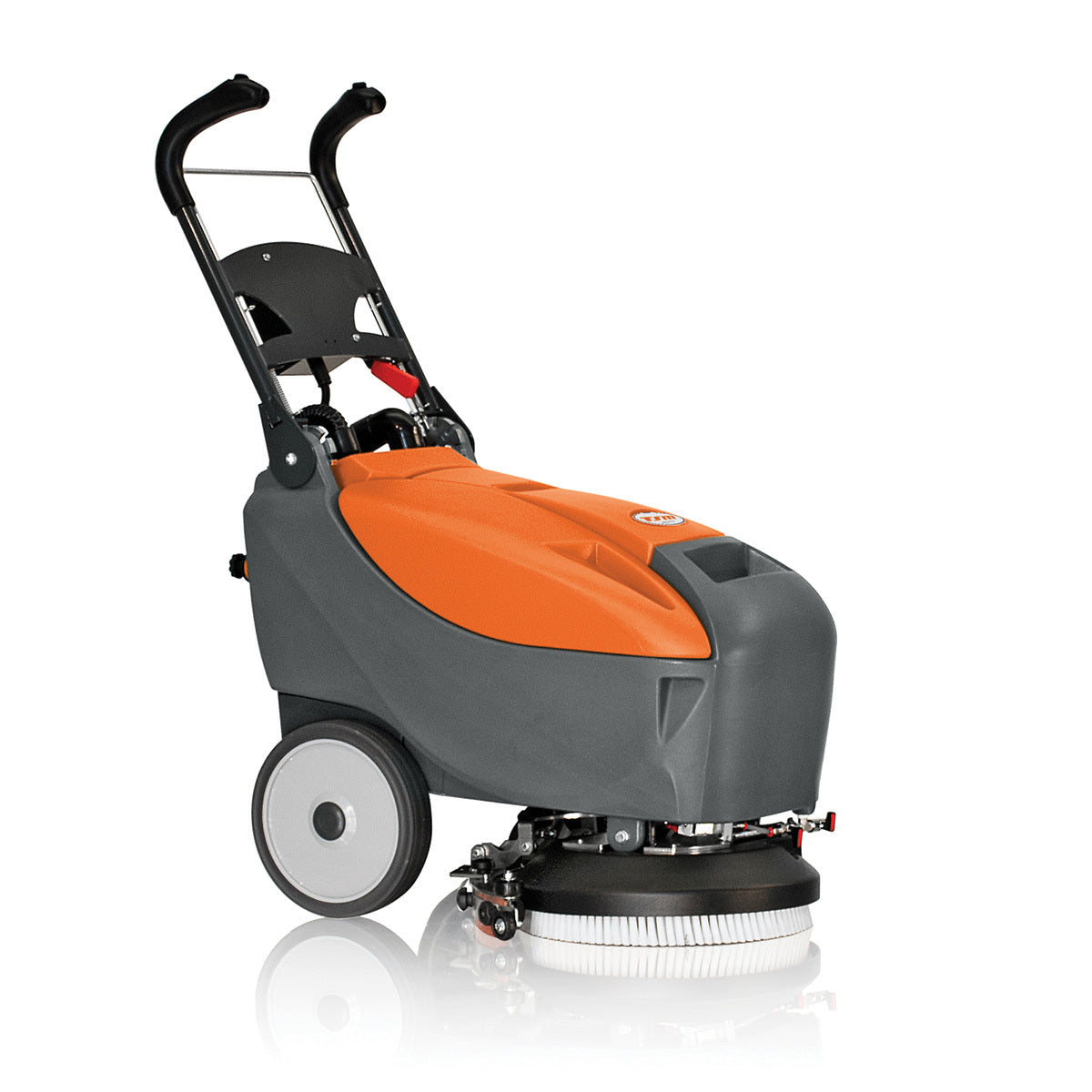 Orange and gray floor cleaning machine on a white background
