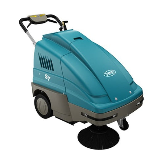Tennant S7 Battery Sweeper floor cleaning machine with 'Tennant' branding on a white background