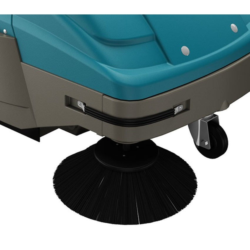 Close-up of a Tennant S7 Battery Sweeper cleaning machine with a black brush on a white background