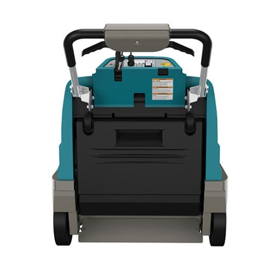 Back view of a teal and gray Tennant S7 Battery Sweeper with wheels on a white background