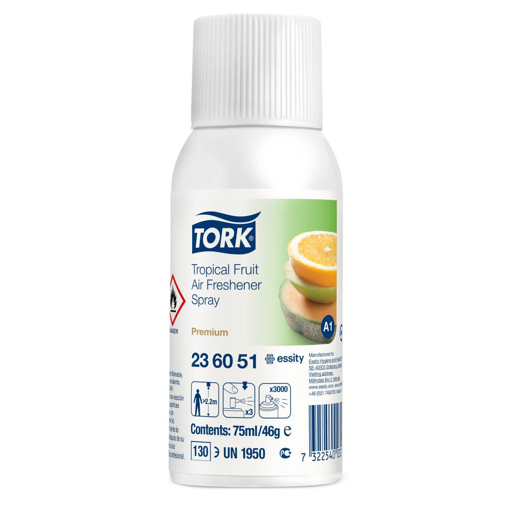 Tork tropical fruit air freshener spray bottle on a white background