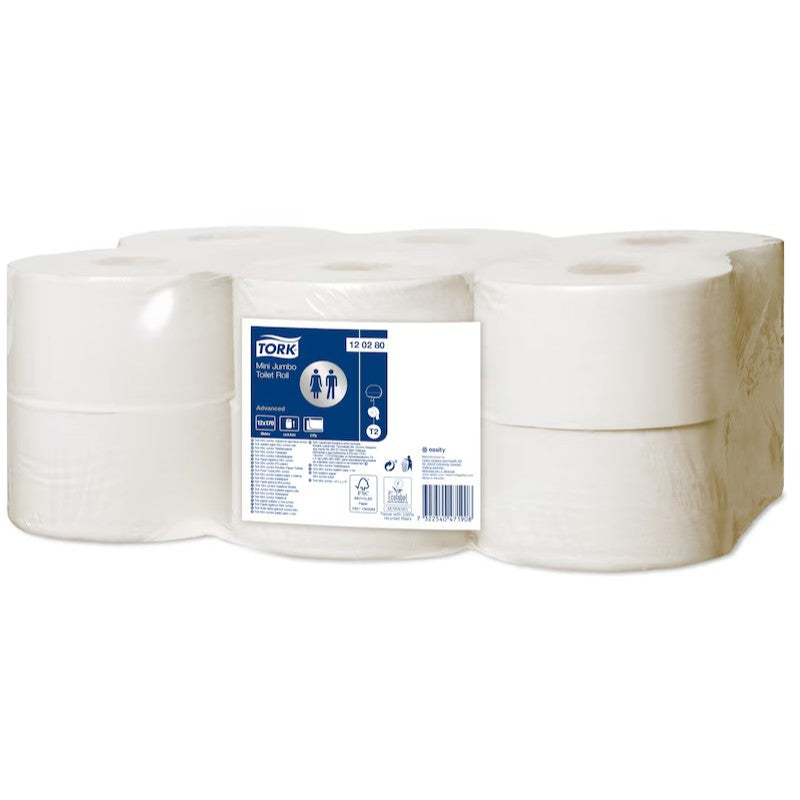 Tork Jumbo Toilet rolls with a label on a white background