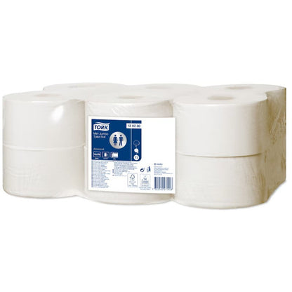 Tork Jumbo Toilet rolls with a label on a white background