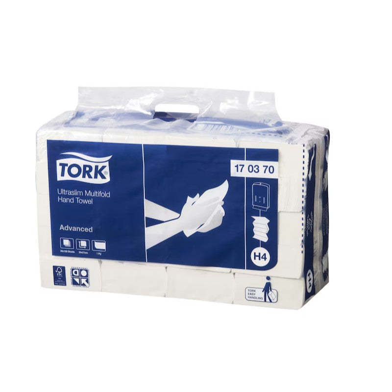 Pack of Tork hand towels with blue and white design on a white background