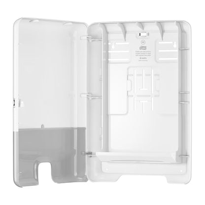 White plastic holder with open compartment on a white background