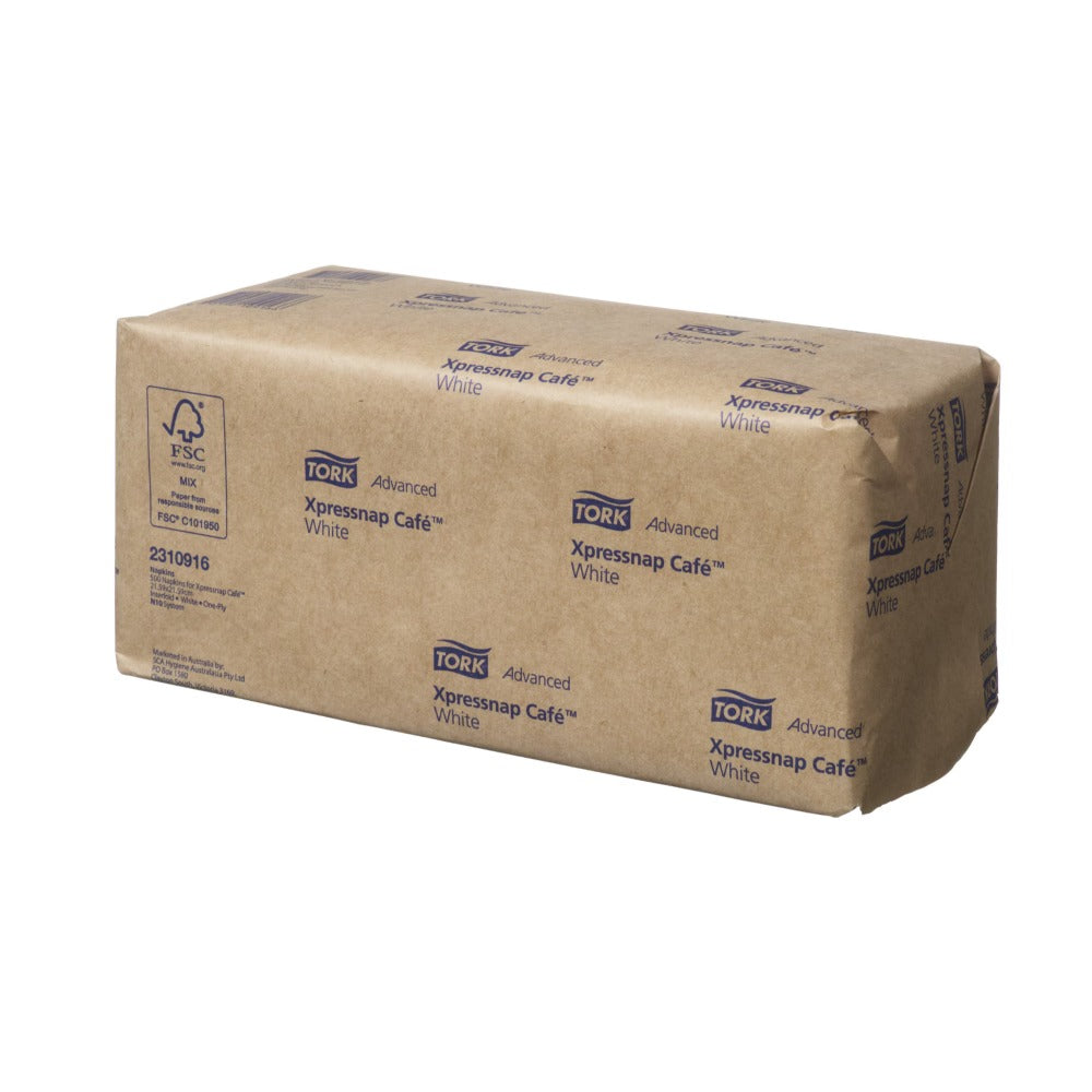 Cardboard box of Tork Advanced Xpressnap Café White Napkins on a white background