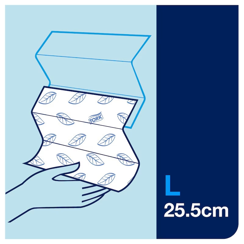 Illustration of a package of Tork paper towels with a hand holding it, on a blue background.