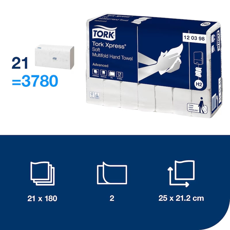 Tork Xpress soft multifold hand towel packaging with product details on a white background