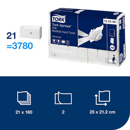 Tork Xpress soft multifold hand towel packaging with product details on a white background