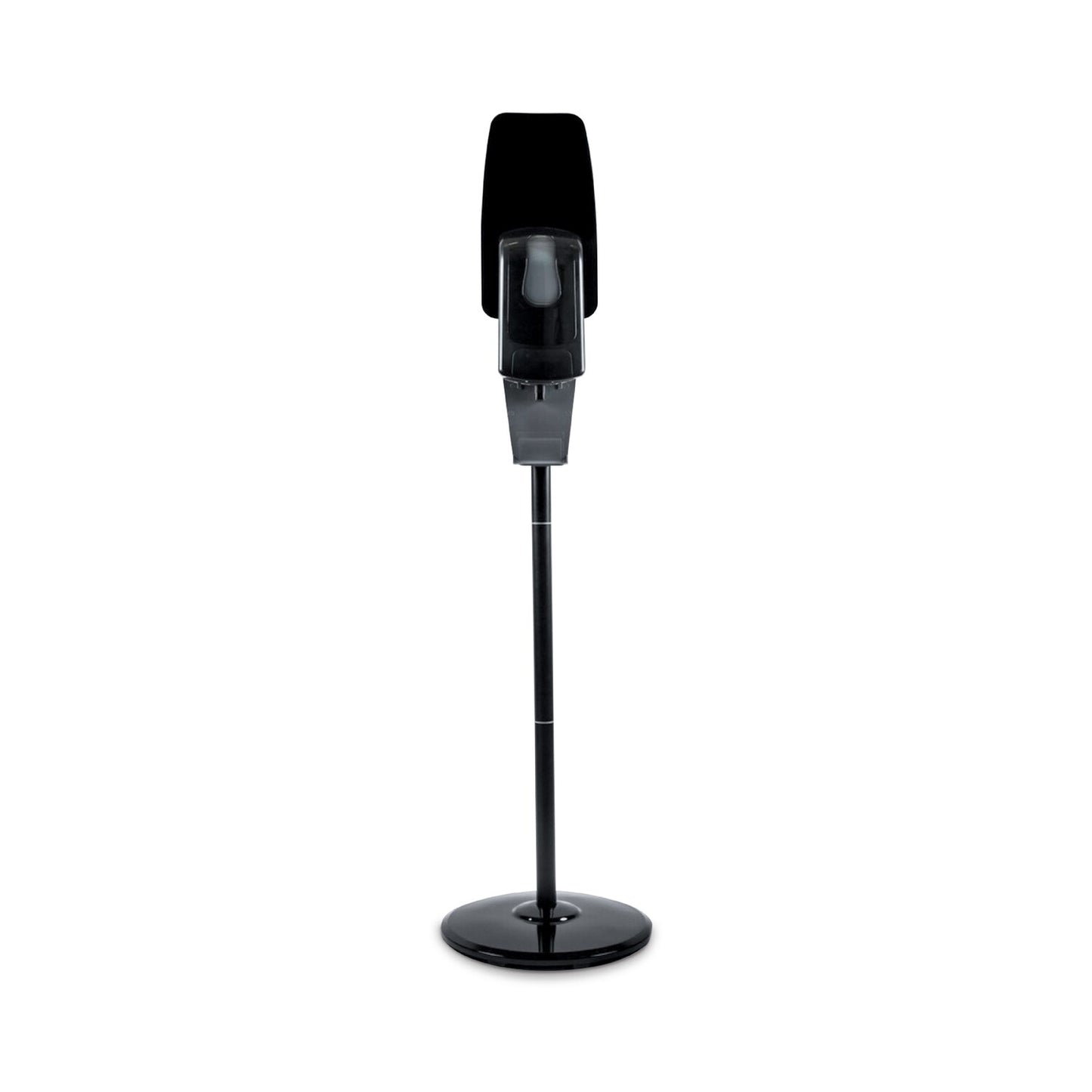 Black Sanitiser Dispenser on a stand against a white background