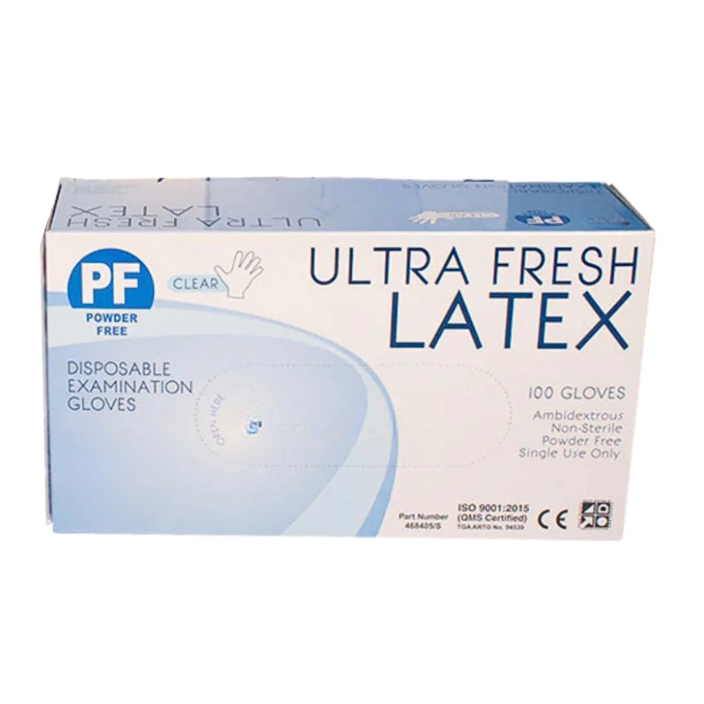 Box of Ultra Fresh Latex disposable examination gloves with PF logo on a white background