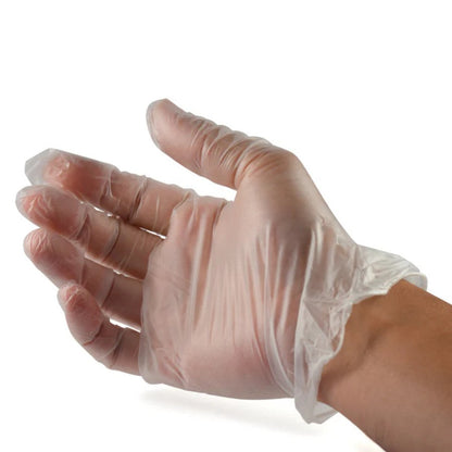 Clear vinyl glove on a hand against a white background