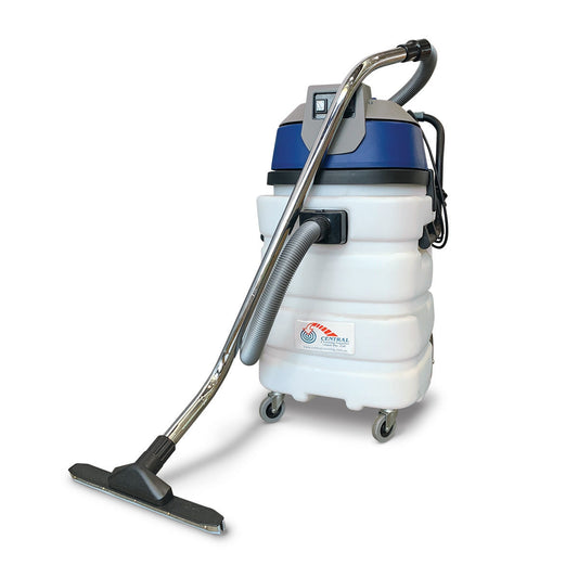 Commercial vacuum cleaner with a blue top and white body on a white background