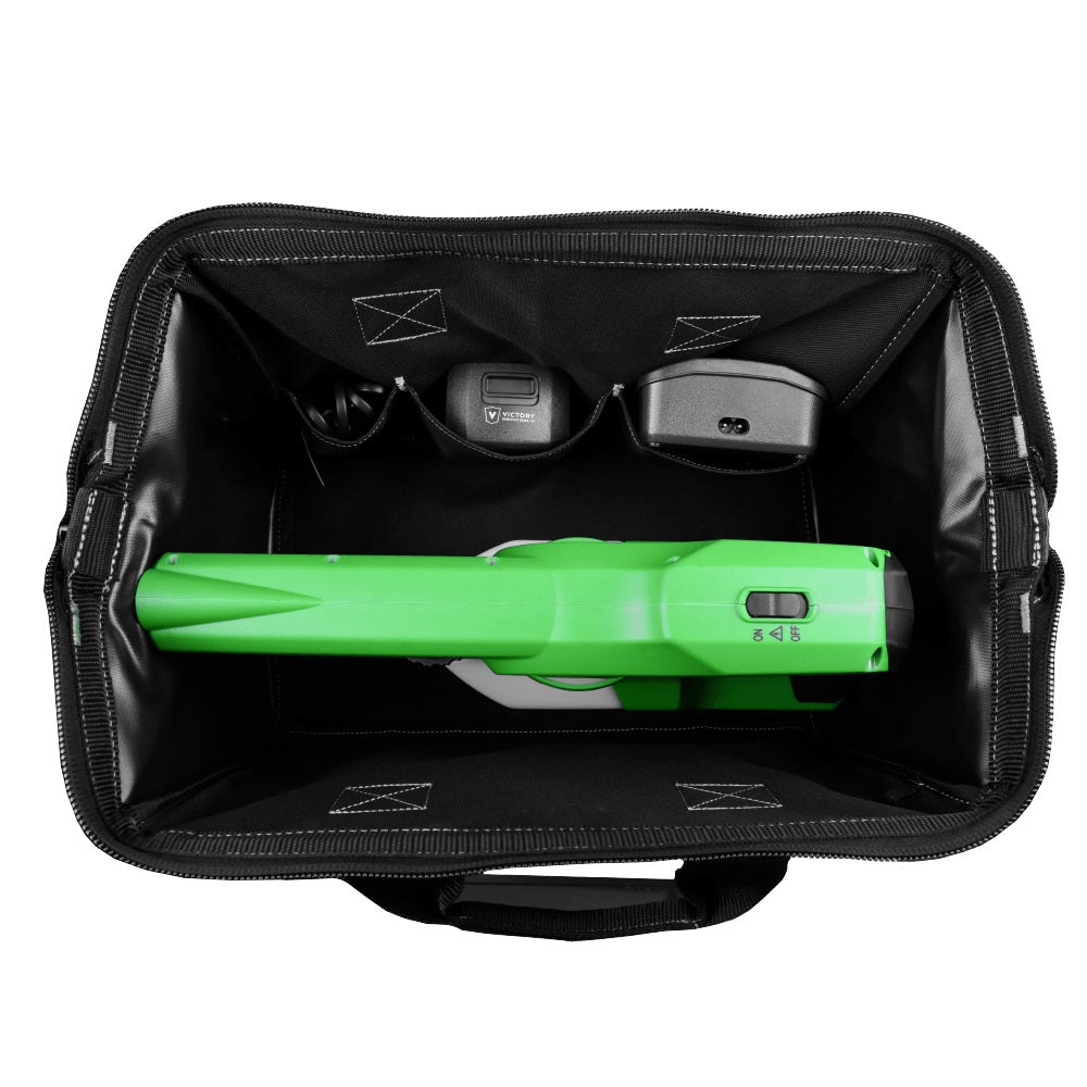 Black travel bag with a green Victory Electrostatic Sprayer and charging accessories on a white background