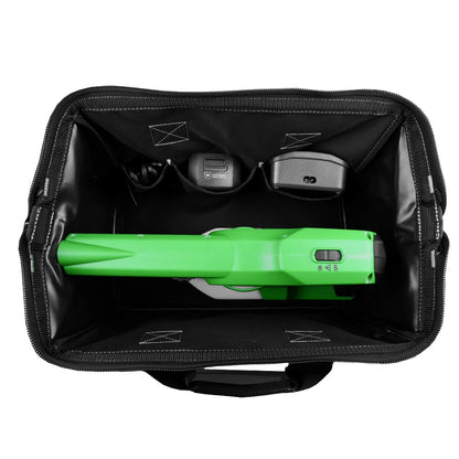Black travel bag with a green Victory Electrostatic Sprayer and charging accessories on a white background