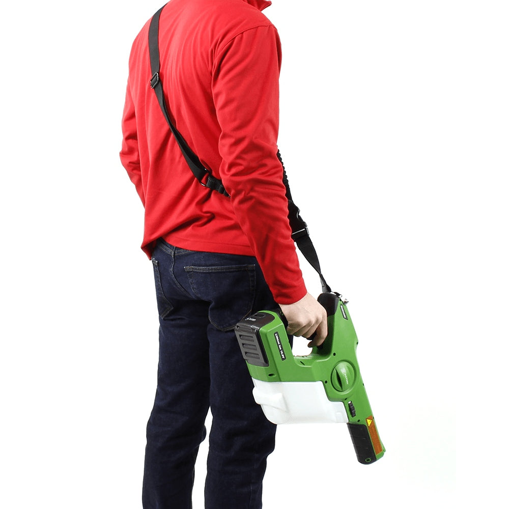 Person wearing a red jacket holding a green Victory Electrostatic Sprayer on a white background
