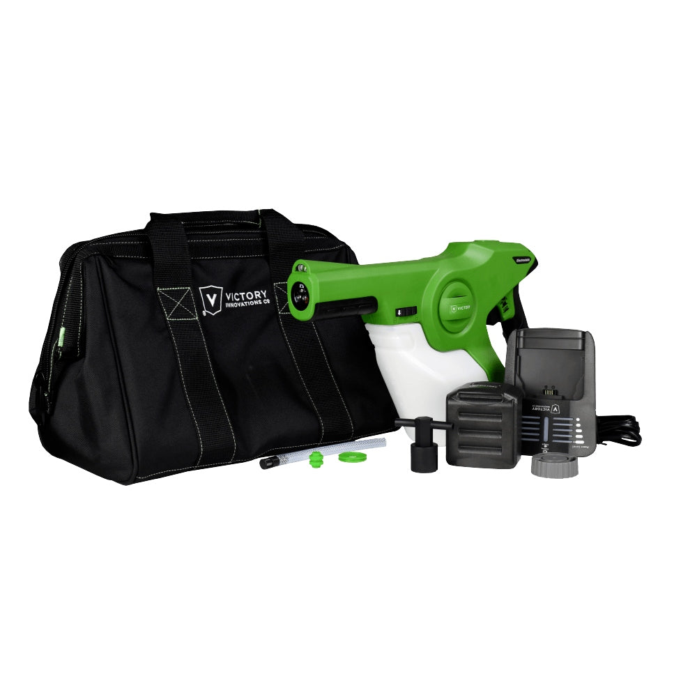 Green Victory Electrostatic Sprayer with black carrying case on a white background