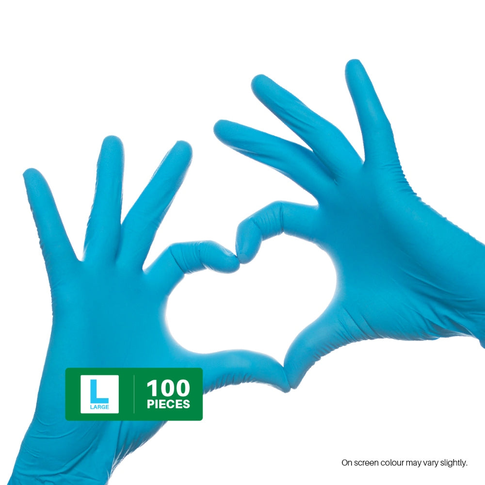 Blue gloves forming a heart shape with a 'L' brand logo and text on a white background