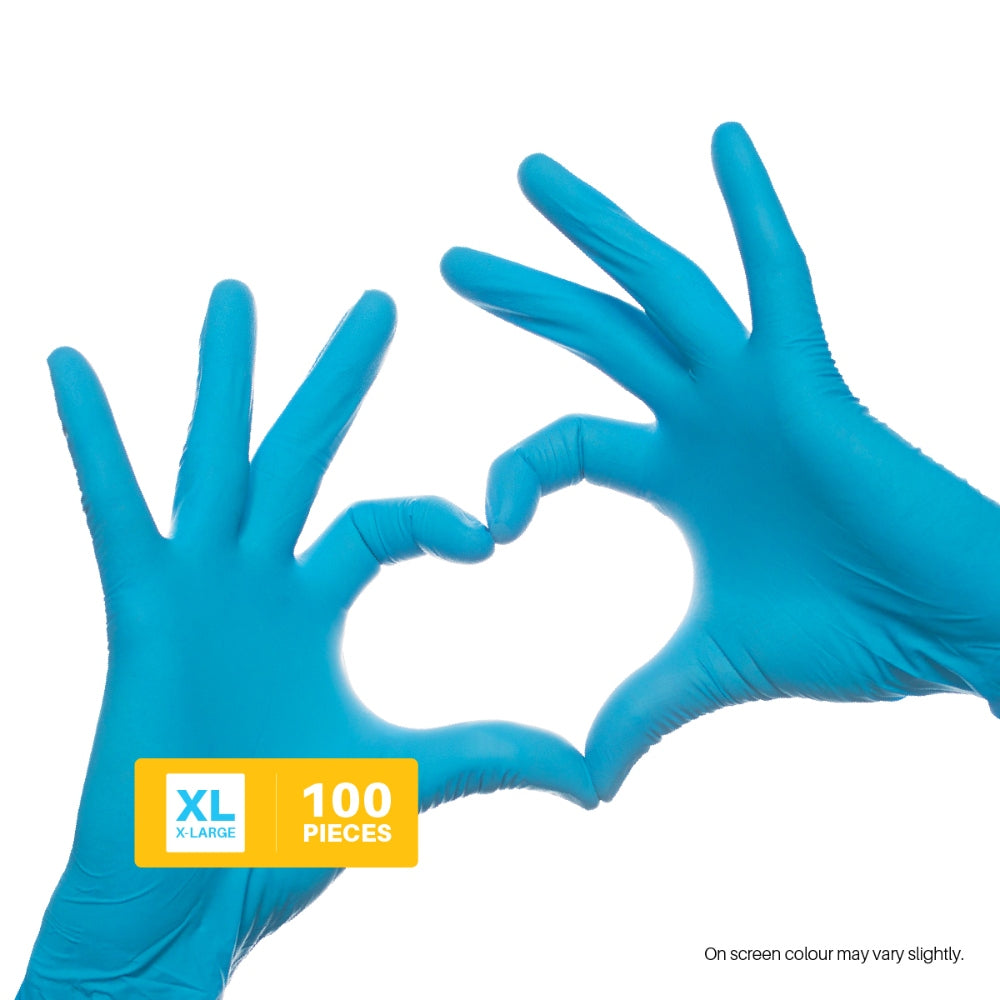 Blue gloves forming a heart shape with a label indicating XL size and quantity on a white background