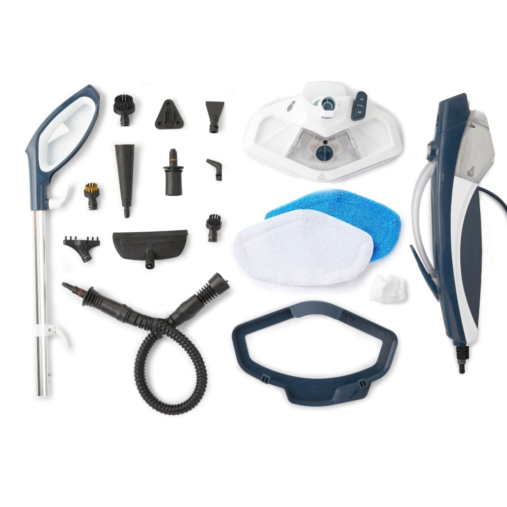 Wertheim Dual Steam Mop Plus with cleaning tools and attachments on a white background