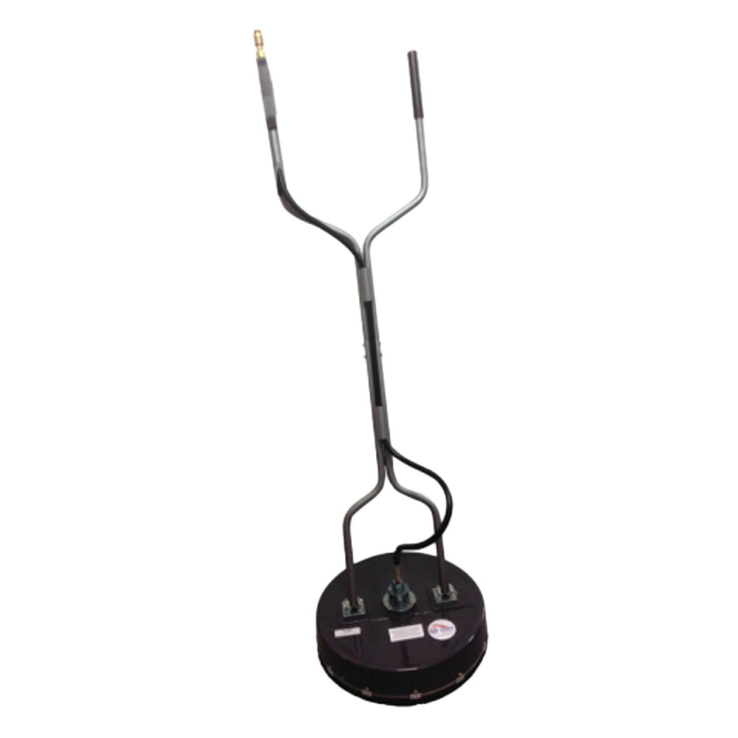 Black floor cleaner with round base and handle on a white background