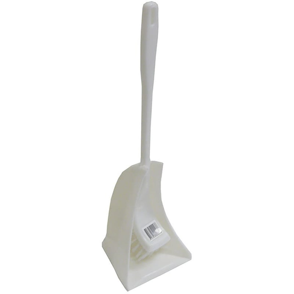 White plastic dustpan and brush set on a white background