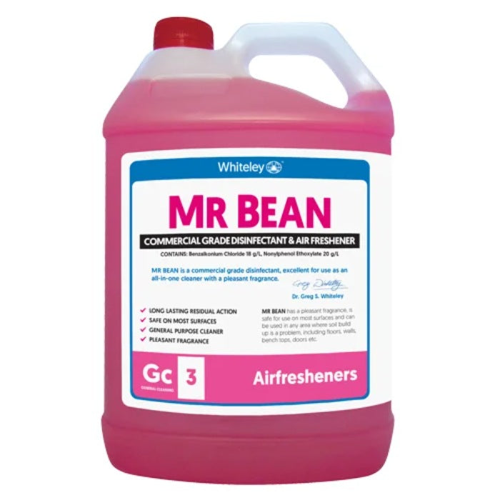 Container of pink Mr Bean commercial grade disinfectant and air freshener on a white background