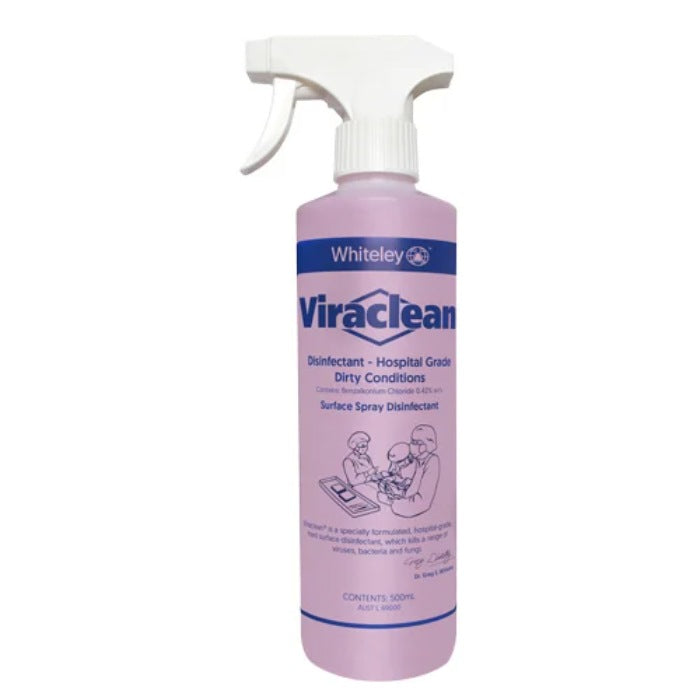 Pink spray bottle labeled 'Viraclean' on a white background
