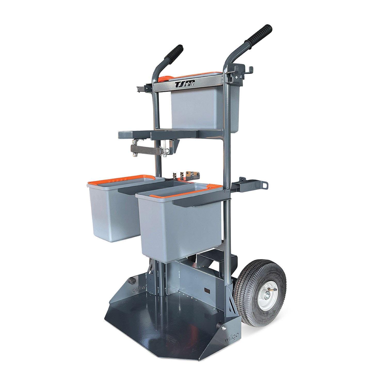 Gray metal tool cart with two storage bins on a white background