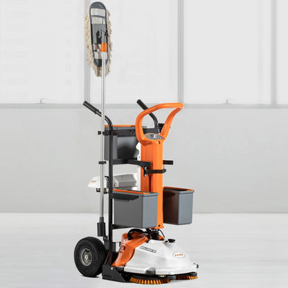 Orange and white floor cleaning machine with attachments on a white background