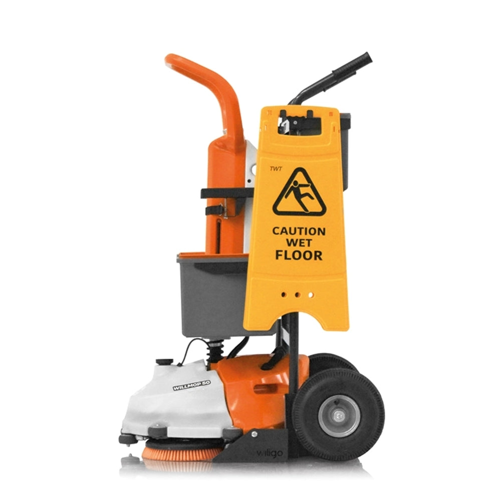 Floor cleaning trolley with a caution wet floor sign on an orange background