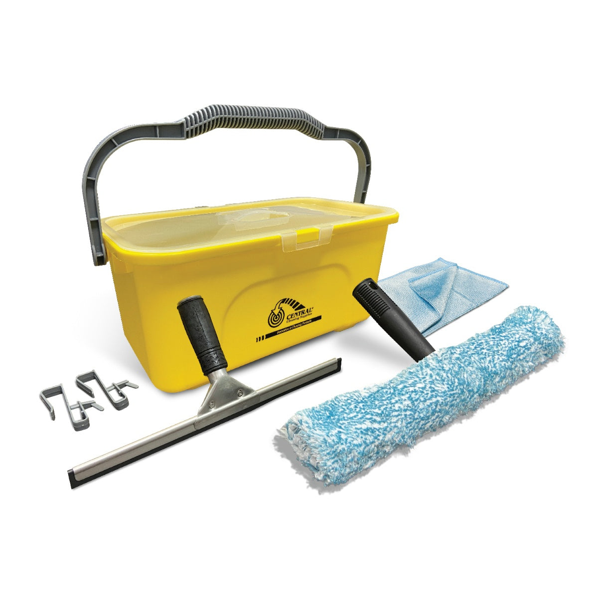 Cleaning tool set with yellow bucket, squeegee, and microfiber roll on a white background