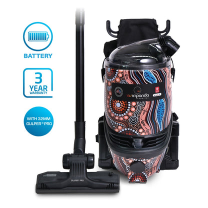 Vacuum cleaner with a colorful design on the attachment, featuring brand logos and product features.